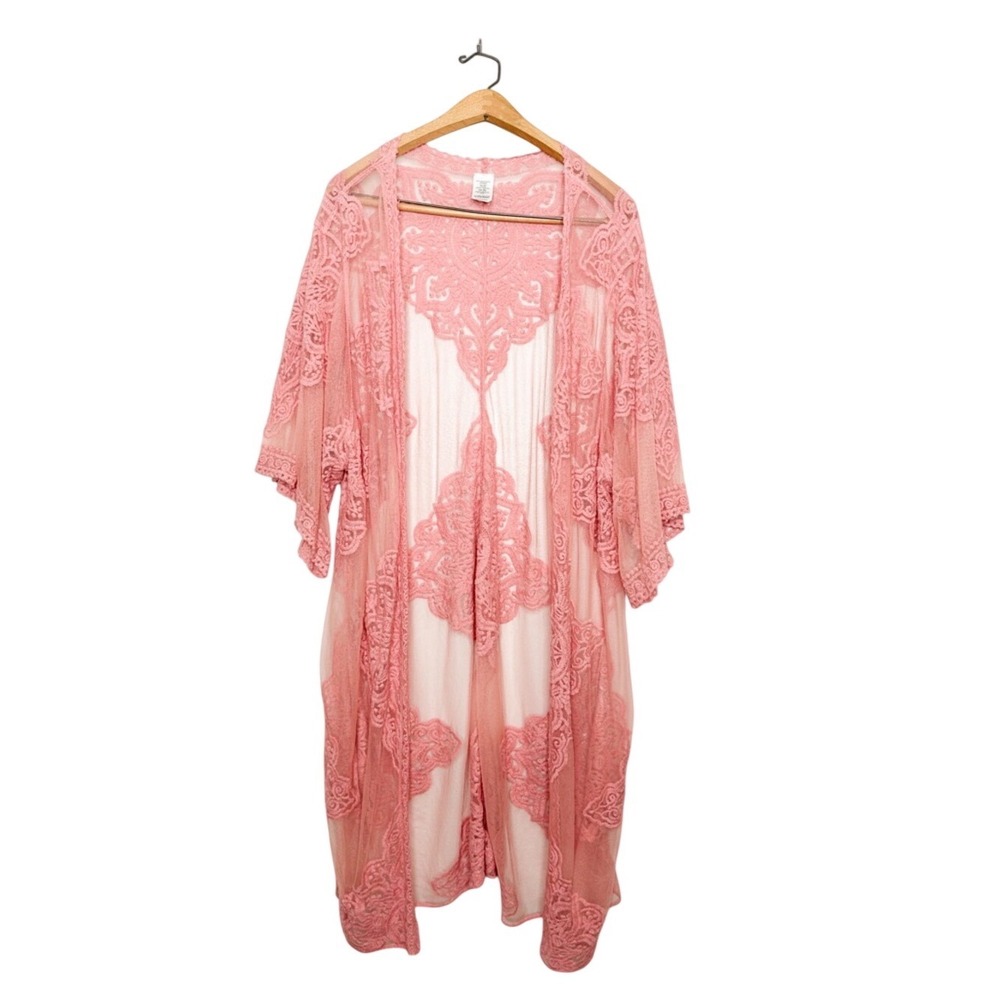 Womens Boho Pink Lace Kimono Coverup  Plus Size 2XL